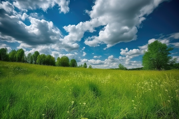 Hierba verde y paisaje forestal bajo un cielo azul