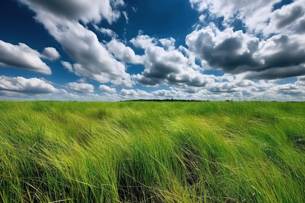 Hierba verde y paisaje forestal bajo un cielo azul