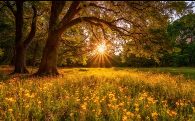 Foto la hierba verde en el prado del bosque al atardecer