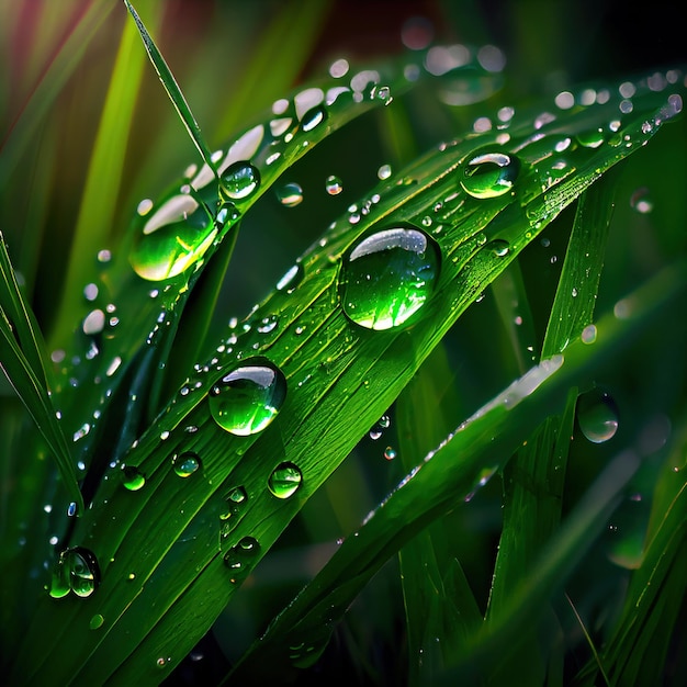 Hierba verde primavera con gotas de rocío Primer plano de hierba mojada y gotas de lluvia