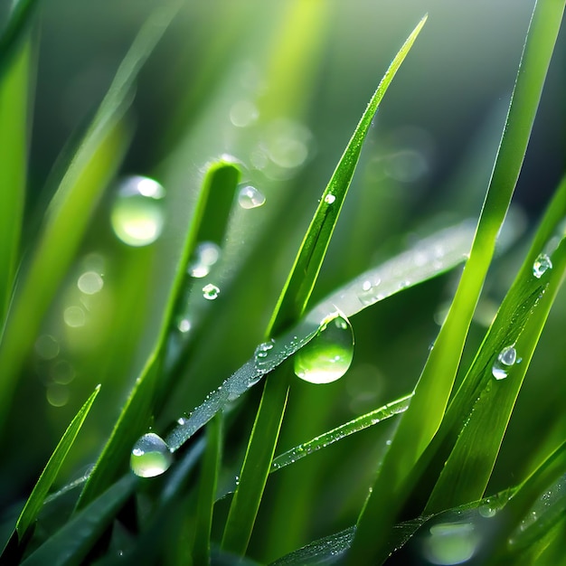 Hierba verde primavera con gotas de rocío Primer plano de hierba mojada y gotas de lluvia