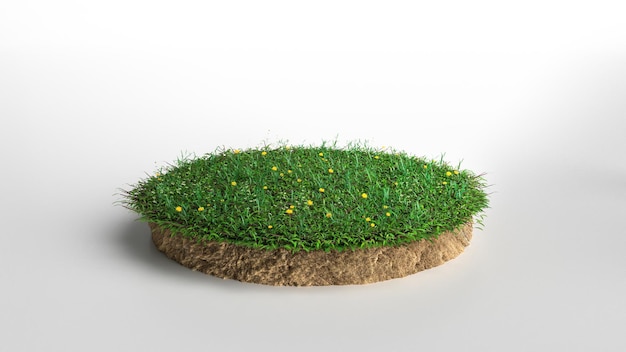 Hierba verde redonda con flores pieza de tierra aislada sobre fondo blanco ilustración 3D