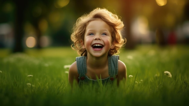 Hierba verde y sol Un niño disfrutando de la naturaleza en un día de verano Generado por IA