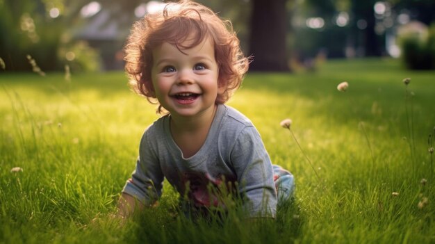 Hierba verde y sol Un niño disfrutando de la naturaleza en un día de verano Generado por IA