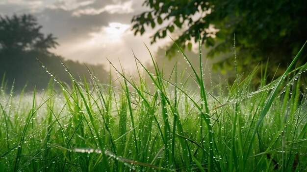 La hierba verde de verano cubierta de rocío puro