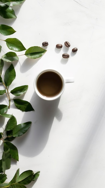 Hierbas aromáticas y taza de café sobre fondo blanco con espacio de copia Concepto de pausa para el café