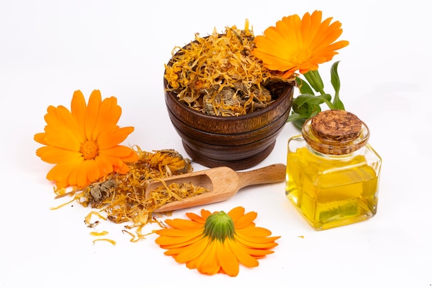 Hierbas calendula officinalis en el vaso y gota de aceite aislado