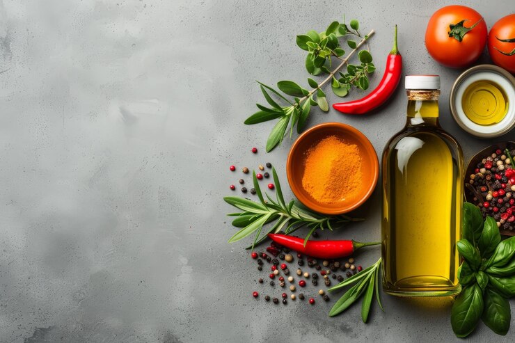 Hierbas y especias aromáticas de aceite de oliva en plano sobre fondo de hormigón de alta calidad Fotografía realista de la vista superior