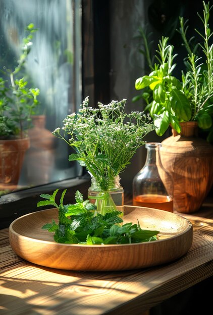 Hierbas y especias frescas en la mesa de madera de la cocina