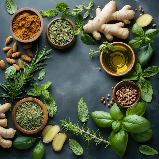 Foto hierbas frescas especias y nueces en un fondo oscuro para cocinar saludablemente