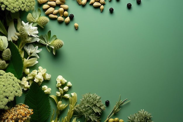 Hierbas medicinales en fondo verde Marco creativo con hierbas frescas con espacio de copia Vista superior plana Conceptos de alimentos saludables y medicina alternativa