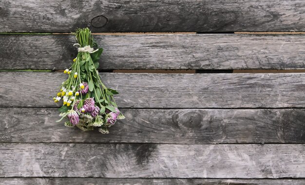 Hierbas medicinales recién escogidas que cuelgan en la pared de madera al aire libre.