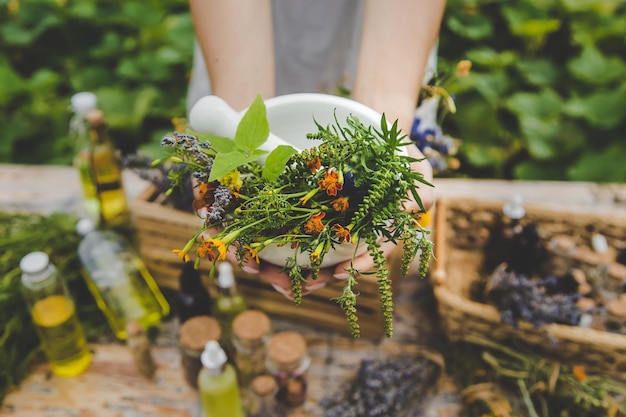 Hierbas medicinales y tinturas naturales Enfoque selectivo