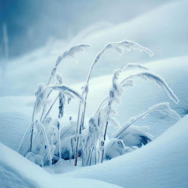 hierbas silvestres congeladas en la nieve profunda