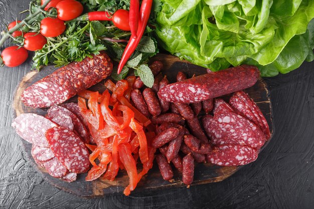 Foto hierbas y verduras frescas salchichas secas trozos secos de carne de carpacio pequeños palitos de salami