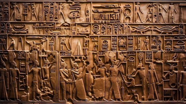 Hieróglifos em uma parede pirâmides egípcias IA generativa