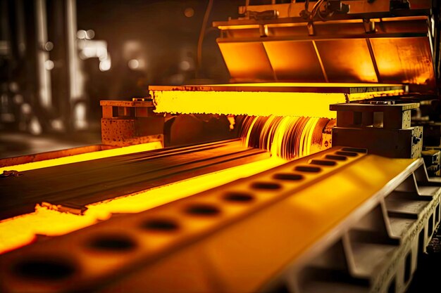 Hierro amarillo brillante en transportador en fundición de fábrica de industria de aluminio ai generativo