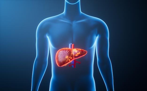 Hígado de órgano en el cuerpo humano transparente renderización 3D