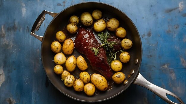 Hígado salteado con patatas asadas en una sartén de saco