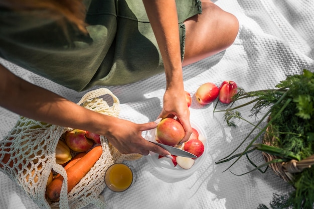 High Angle Frau, die ein Picknick mit gesunden Snacks hat