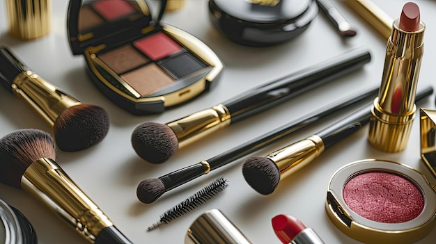 High-End-Make-up-Tools und -Produkte, die elegant auf der Tischplatte ausgestellt sind und luxuriöse Pinsel hervorheben