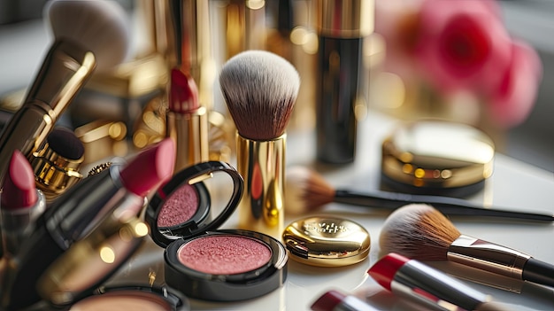 High-End-Make-up-Tools und -Produkte, die elegant auf der Tischplatte ausgestellt sind und luxuriöse Pinsel hervorheben