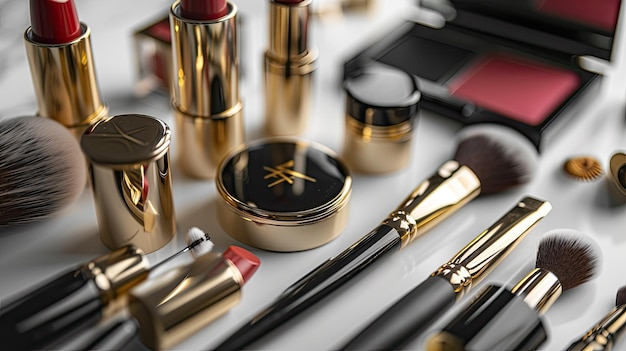 High-End-Make-up-Tools und -Produkte, die elegant auf der Tischplatte ausgestellt sind und luxuriöse Pinsel hervorheben