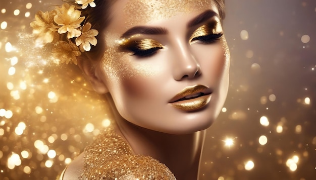 High Fashion Model Frau mit leuchtend goldenen Glitzern auf der Haut, Fantasieblumenporträt der Schönheit