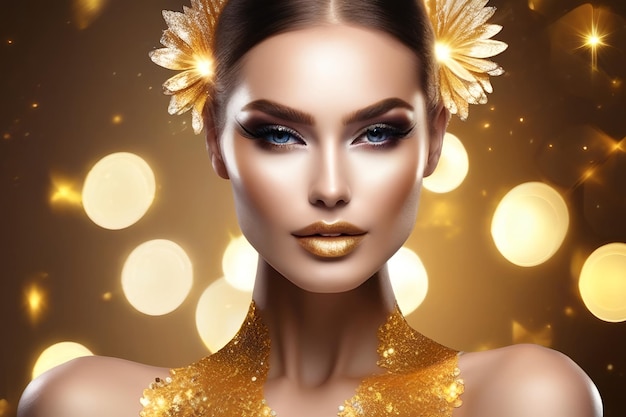 High Fashion Model Frau mit leuchtend goldenen Glitzern auf der Haut, Fantasieblumenporträt der Schönheit