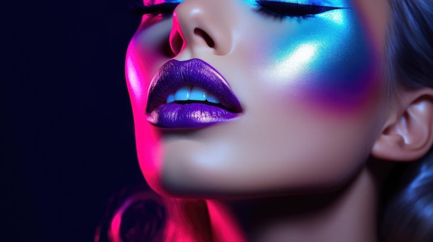 High-Fashion-Modell mit metallischen silbernen Lippen und Gesicht, Frau in farbenfrohen, hellen Neon-UV-Lichtern in Blau und Lila, posiert im Studio, schönes Mädchen, leuchtendes Make-up, buntes Make-up, glitzerndes, lebendiges Neon-Make-up