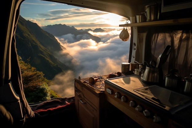 High Mountain Sunrise Steamy Van Coffee Generative por Ai (En inglés) (en inglés)