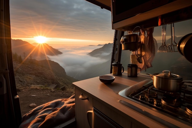 High Mountain Sunrise Steamy Van Coffee Generative von Ai