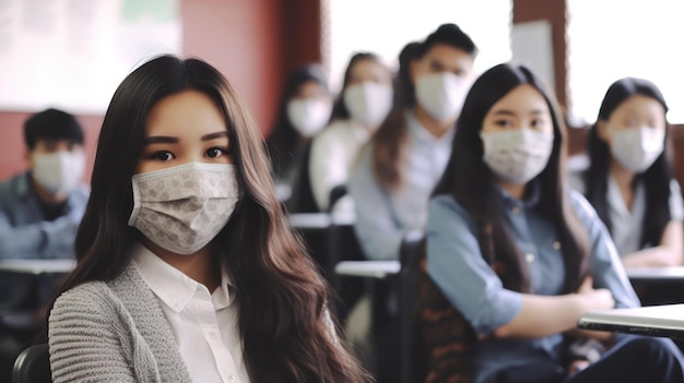 High-School-Studenten in der Schule, die eine Maske tragen.