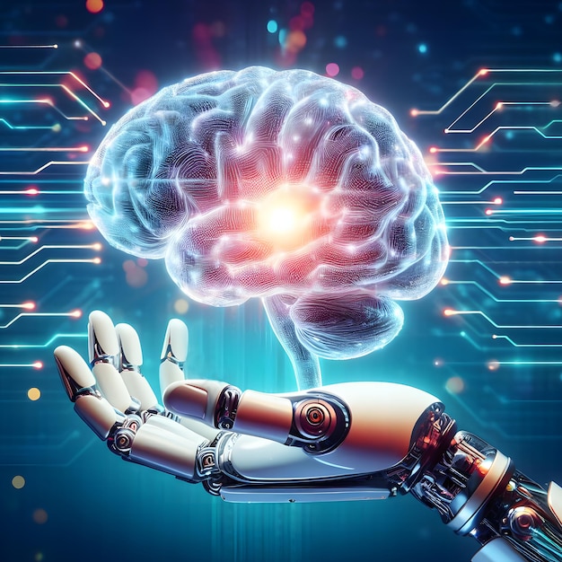 High-Tech-Medizingerät mit Roboterhand, die das Gehirn in einem futuristischen KI-Experiment hält