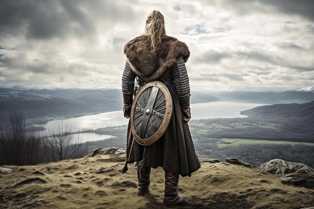Foto highland warrior arafed hombre con atuendo vikingo defendiendo con escudo y espada ia generativa