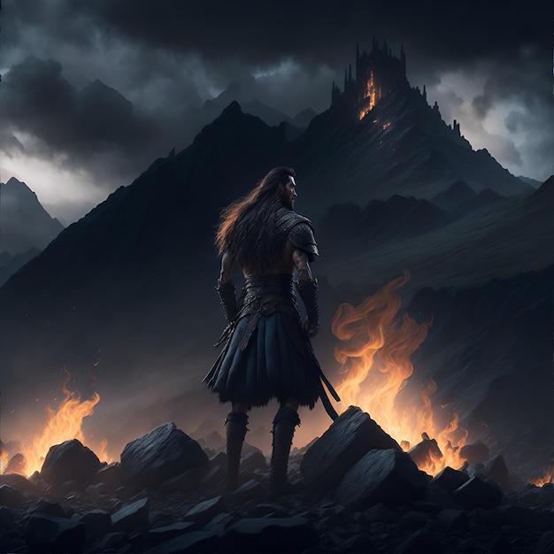 Highlander steht mit dem Rücken zur Kamera vor einem brennenden Stein
