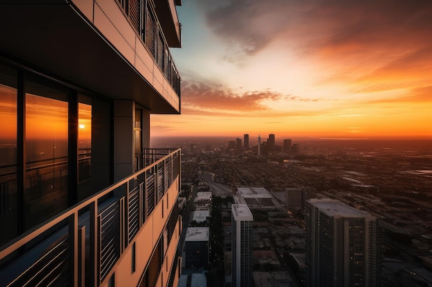 Highrise con vista al horizonte de la ciudad y la puesta de sol en el fondo