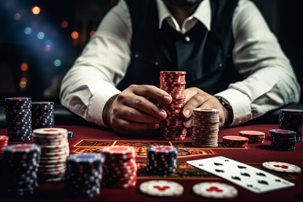 HighStakes Gambling Un juego de cartas de remache con fichas de póquer manos y cartas en la mesa 32 02354 00