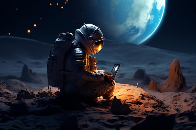 Hightech-Astronaut im Raumanzug arbeitet an einem Laptop futuristischen Porträt