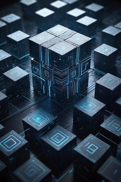 Hightech y captura de datos Los bloques cuadrados se recopilan en una matriz cúbica contra el fondo de un campo digital Ilustración del concepto de blockchain 3D Creación de inteligencia artificial