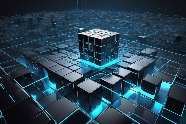 Hightech y captura de datos Los bloques cuadrados se recopilan en una matriz cúbica contra el fondo de un campo digital Ilustración del concepto de blockchain 3D Creación de inteligencia artificial