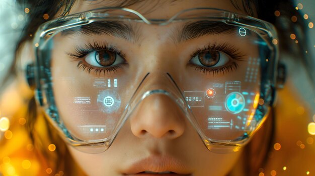HighTech Goggle Mulher Programador verificando seu código de programação em um espaço de realidade virtual