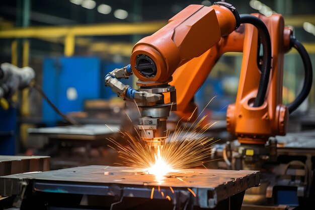 HighTech-Industrieroboter schweißt Metall mit blendenden Funken in einem Moder
