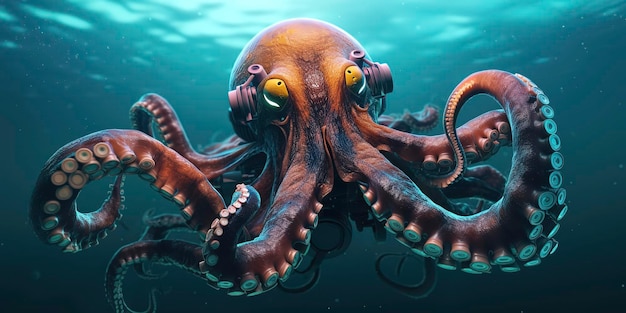 Hightech-Kopffüßer, ein Cyborg-Oktopus in seinem Meereslebensraum Generative KI