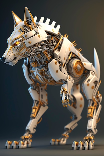 Hightech-Wolfsroboter in Weiß und Gold, generative KI