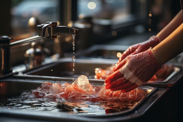 Foto higiene adecuada en la cocina evite lavar la carne cruda en el fregadero para evitar la contaminación cruzada