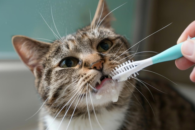 Foto higiene dental del gato un gato que se cepilla los dientes