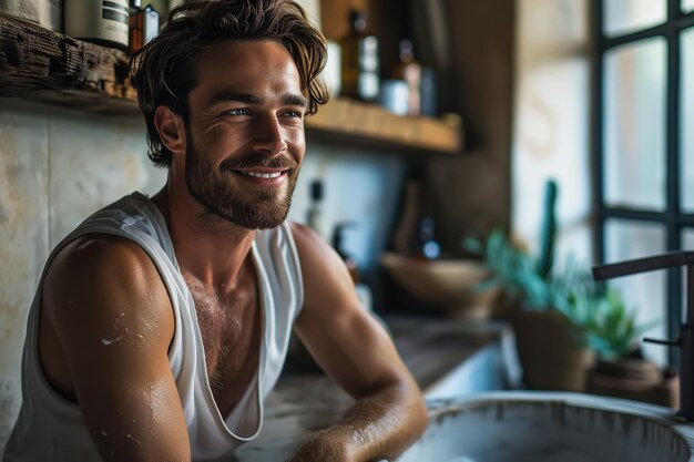 Foto higiene masculina cuidado pessoal diário homem bonito e sorridente de camiseta sentado na casa de banho