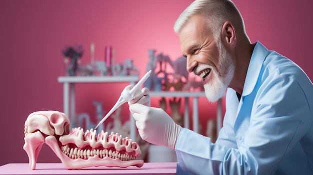 Foto higienista dental fazendo limpeza de dentes com fundo