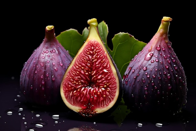 Higo con gotas de agua sobre fondo negro